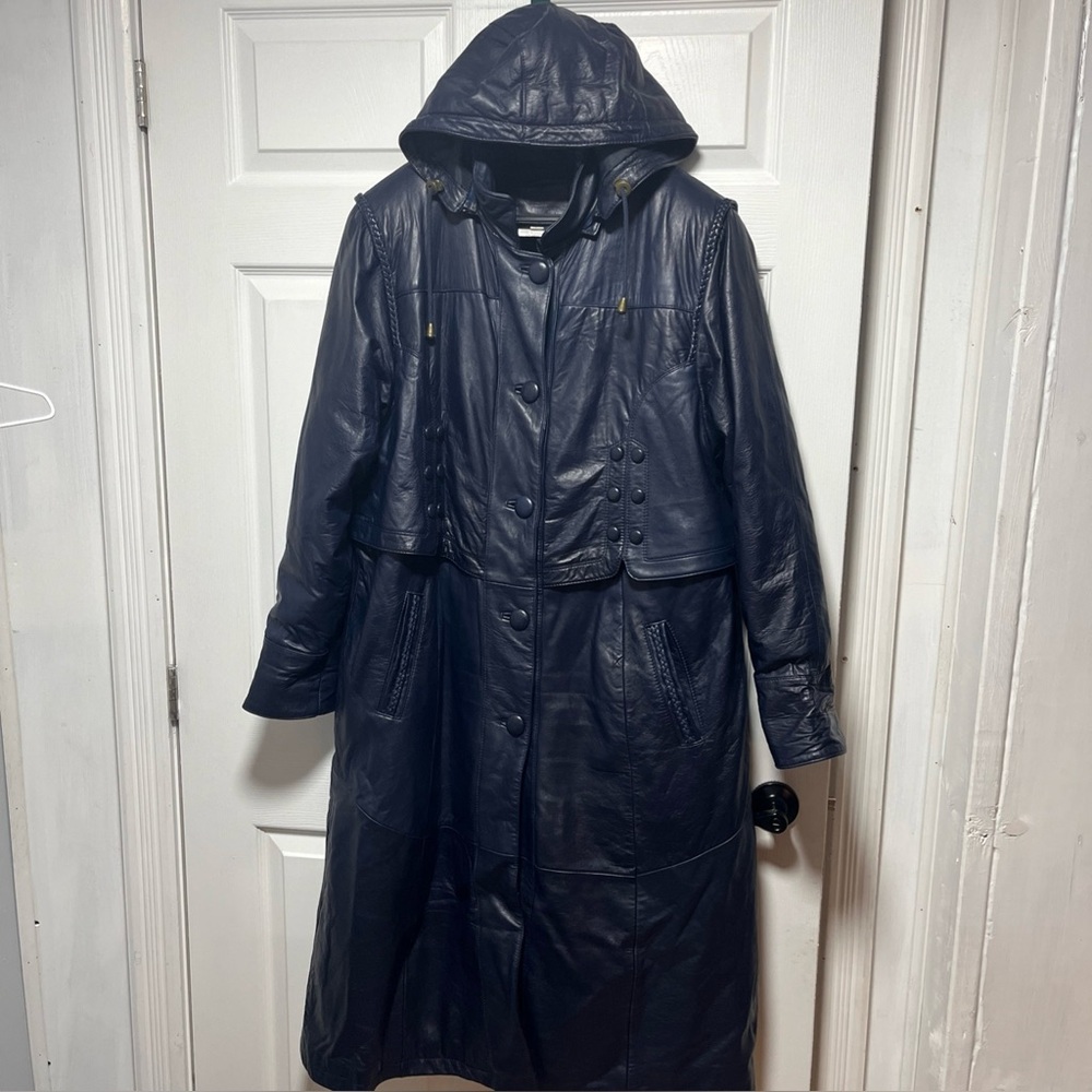 KAILY Women’s 100% Leather Winter Trench Coat Blue Size Small